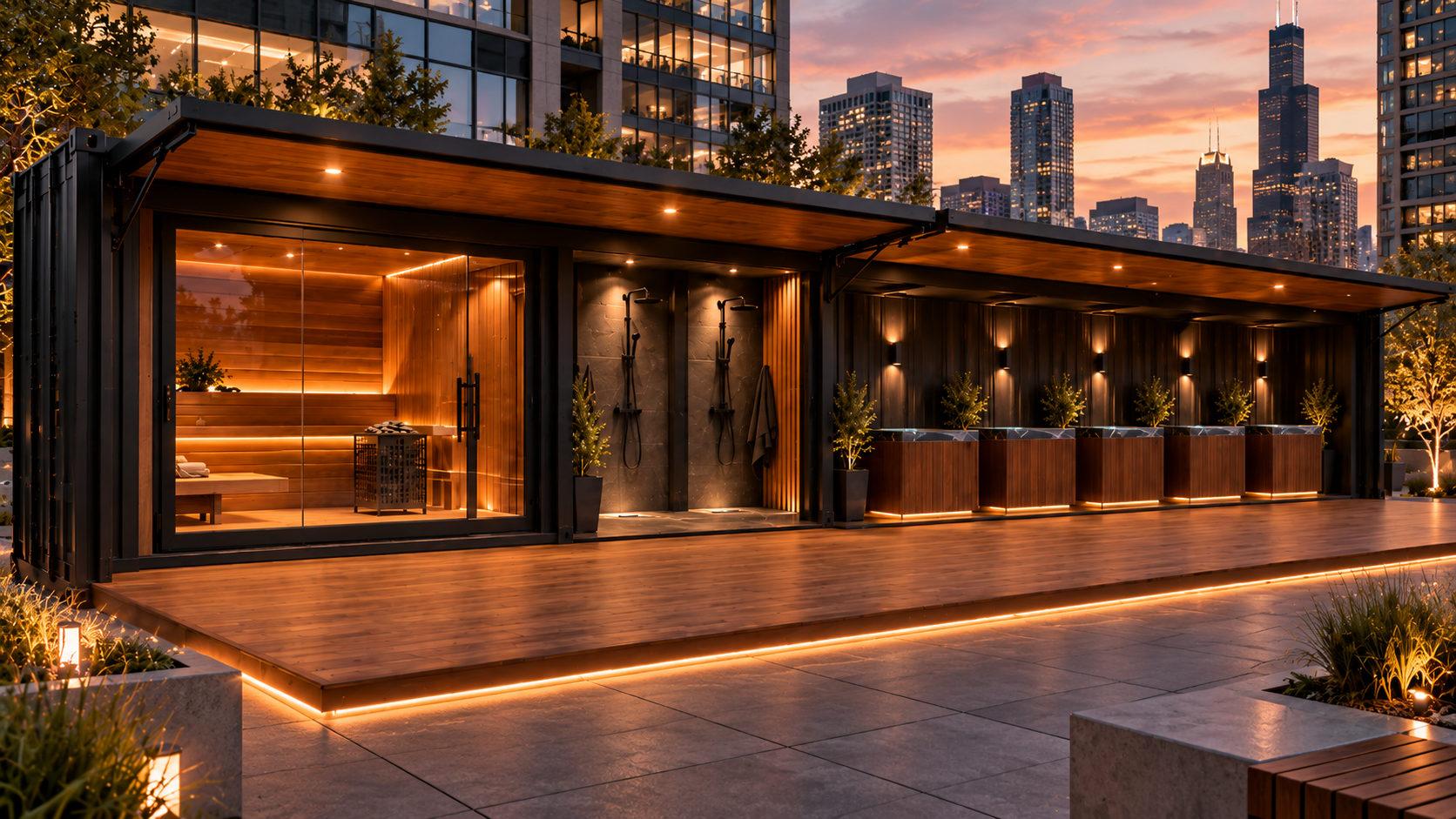 Black container wellness suite on a rooftop terrace at dusk: a glass-enclosed cedar sauna, an open-air shower station and a row of wood-clad cold plunge tubs, lit from raised canopy lids against a city skyline