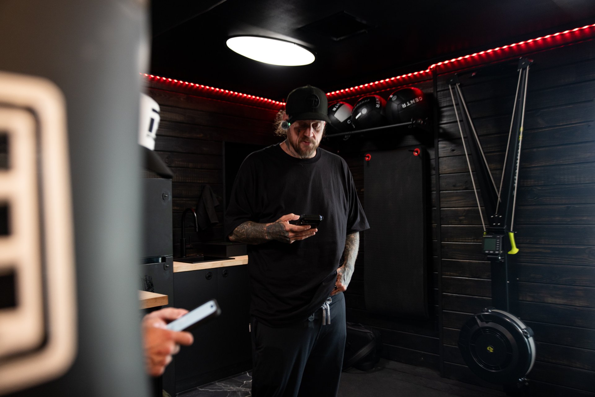 Visitor inside the custom gym trailer training area