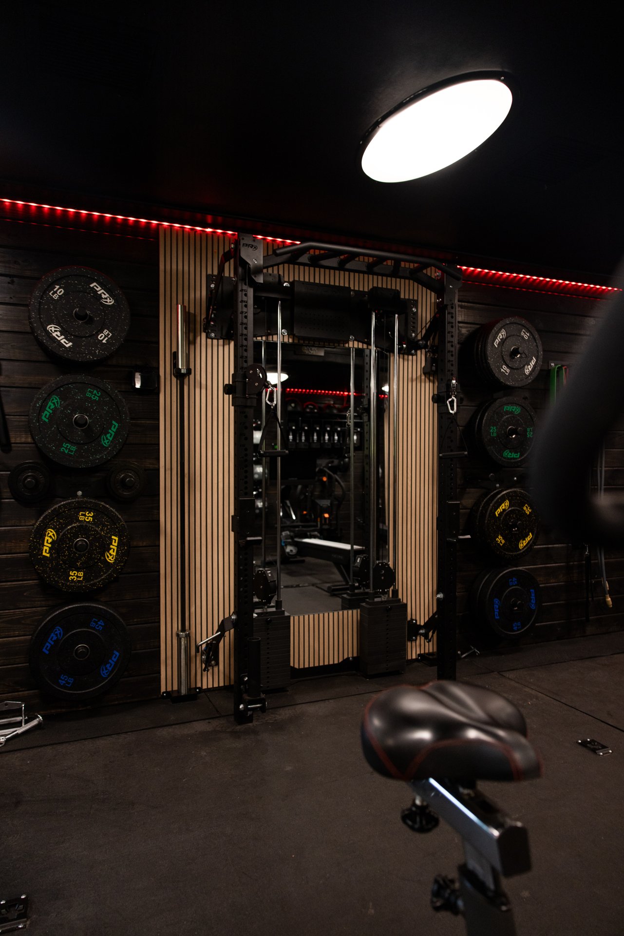 Vertical view of wall-mounted gym trailer equipment