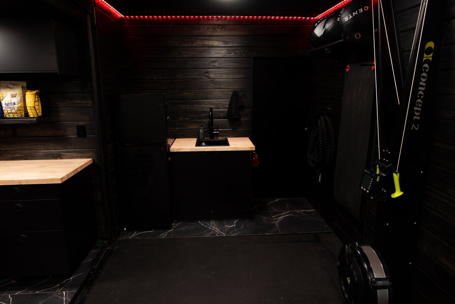 Custom gym trailer counter and interior lighting
