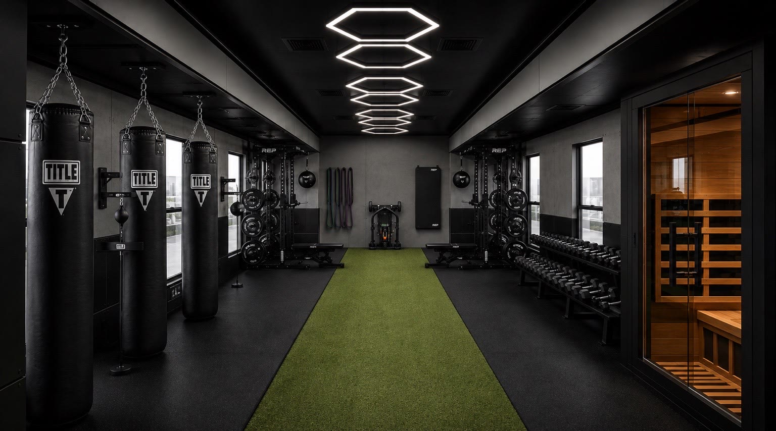 Custom mobile gym interior with punching bags, racks, dumbbells and sauna
