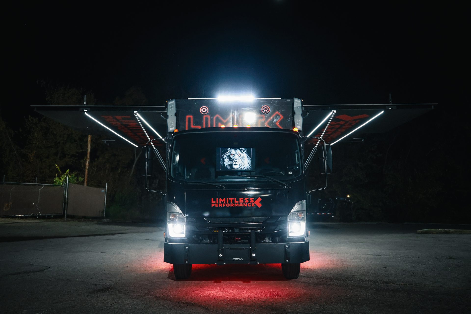 Fit Truk 2.0 mobile gym front view, deployed with lighting on