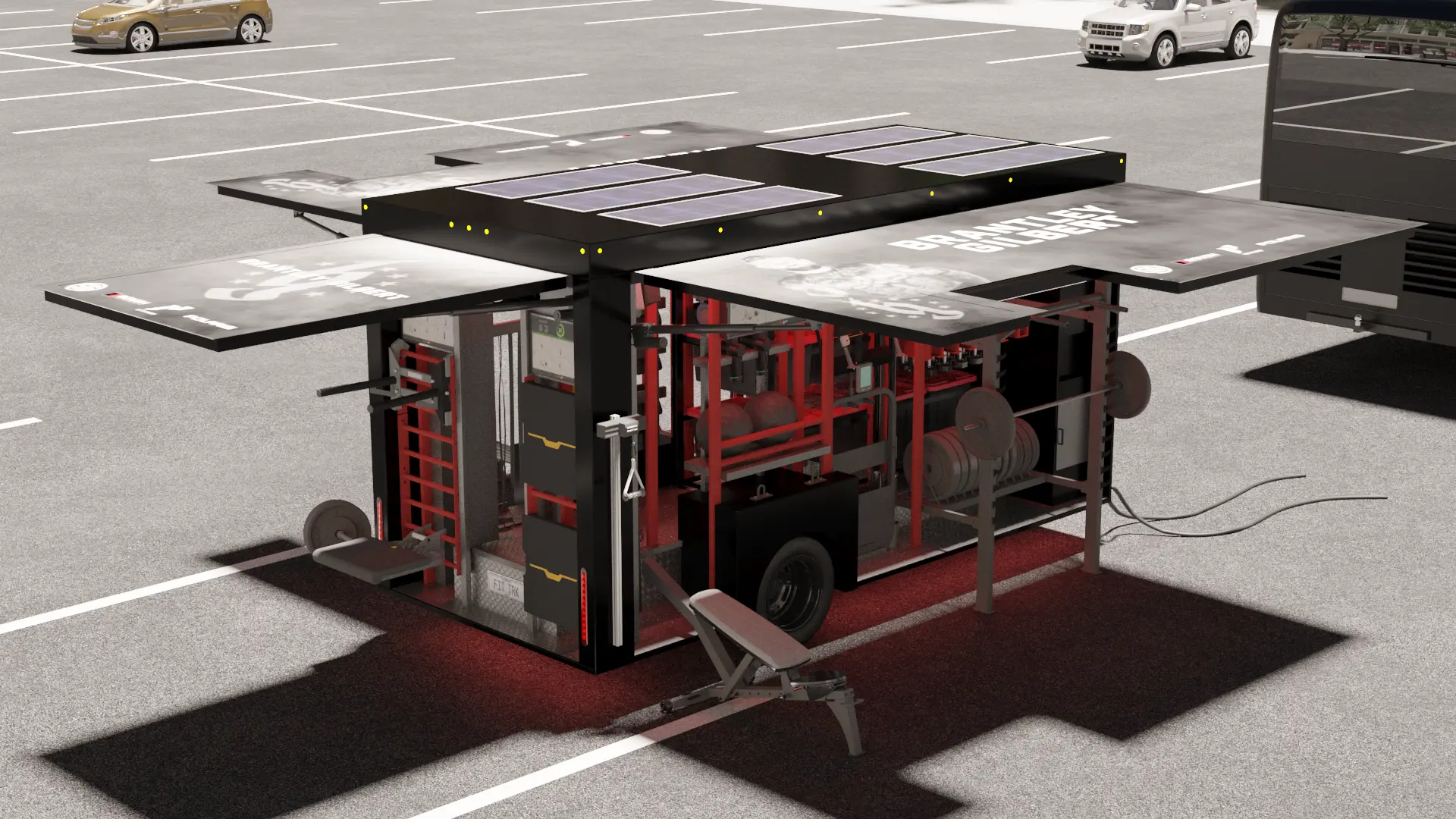 Black Fit Truk mobile gym trailer at night with gull-wing awnings raised, red LED lighting inside the training area, green underglow and FITTRUK.COM lettering on the awning
