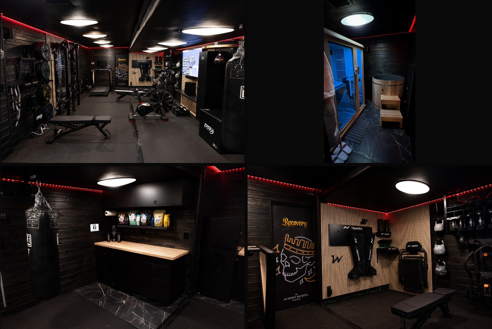 Four-panel interior of the Jelly Roll mobile gym trailer: training area with racks, plates and bench; sauna and cold plunge recovery nook; wood-counter nutrition bar; recovery corner with compression boots, rollers and kettlebells