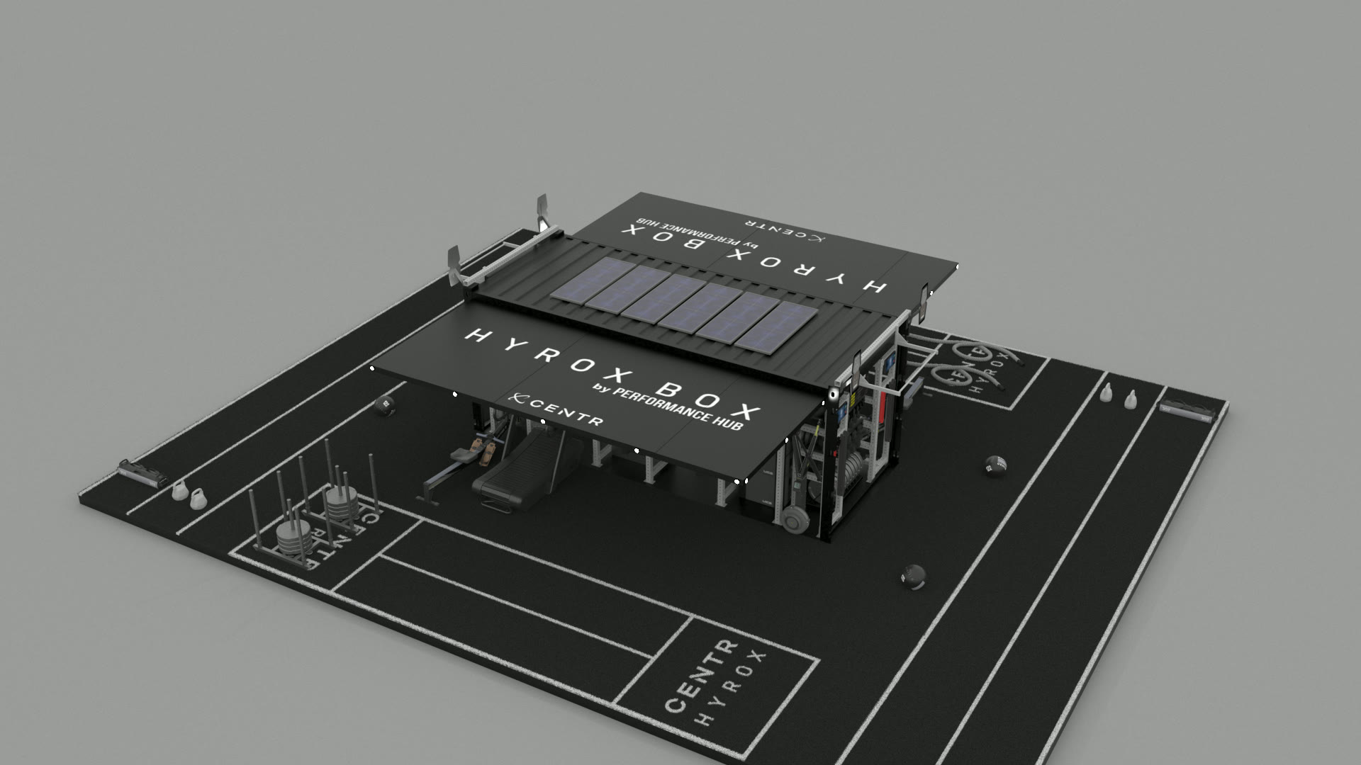 HYROX Box by Performance Hub container gym, deployed with training lanes