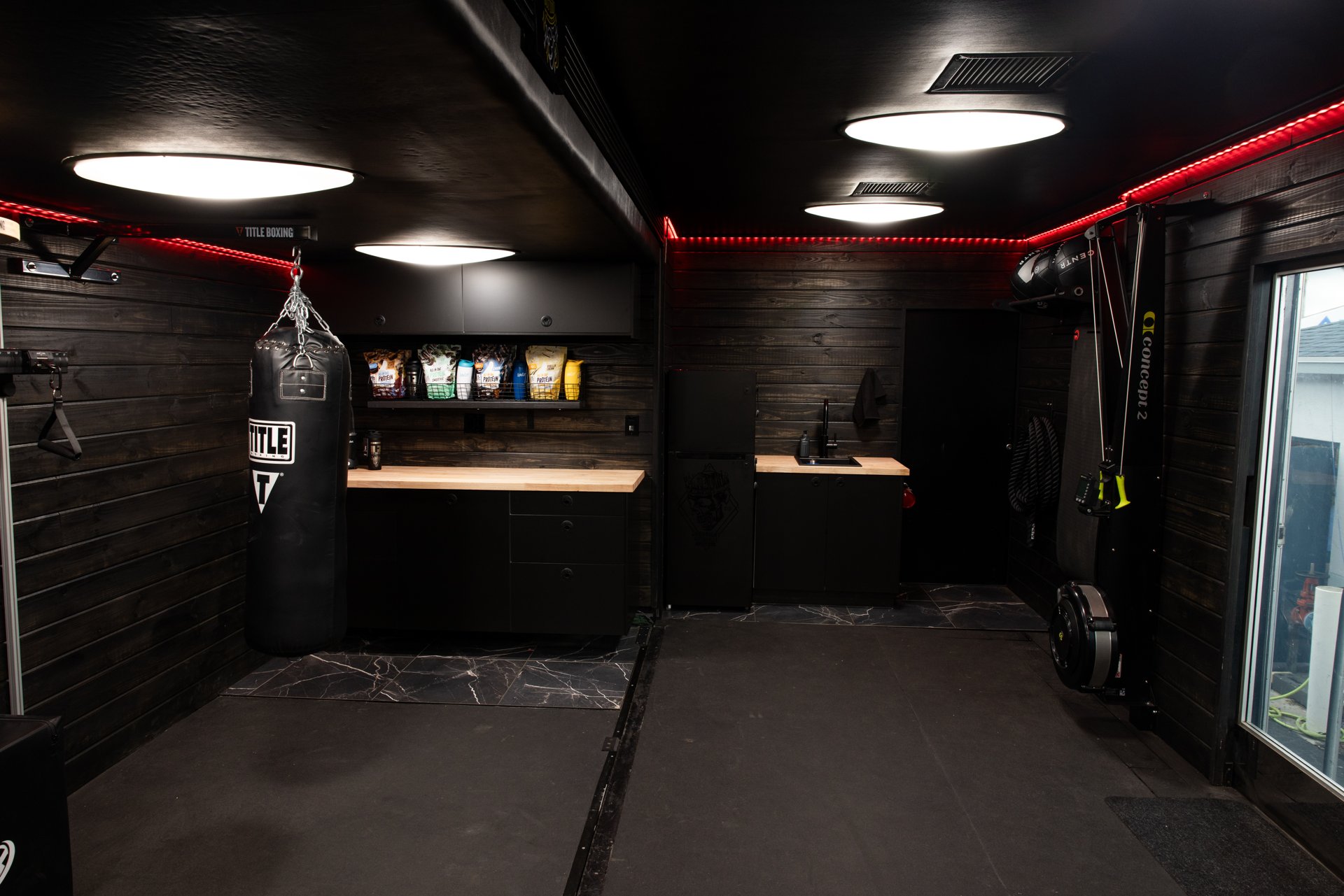 Gym trailer counter and open floor area